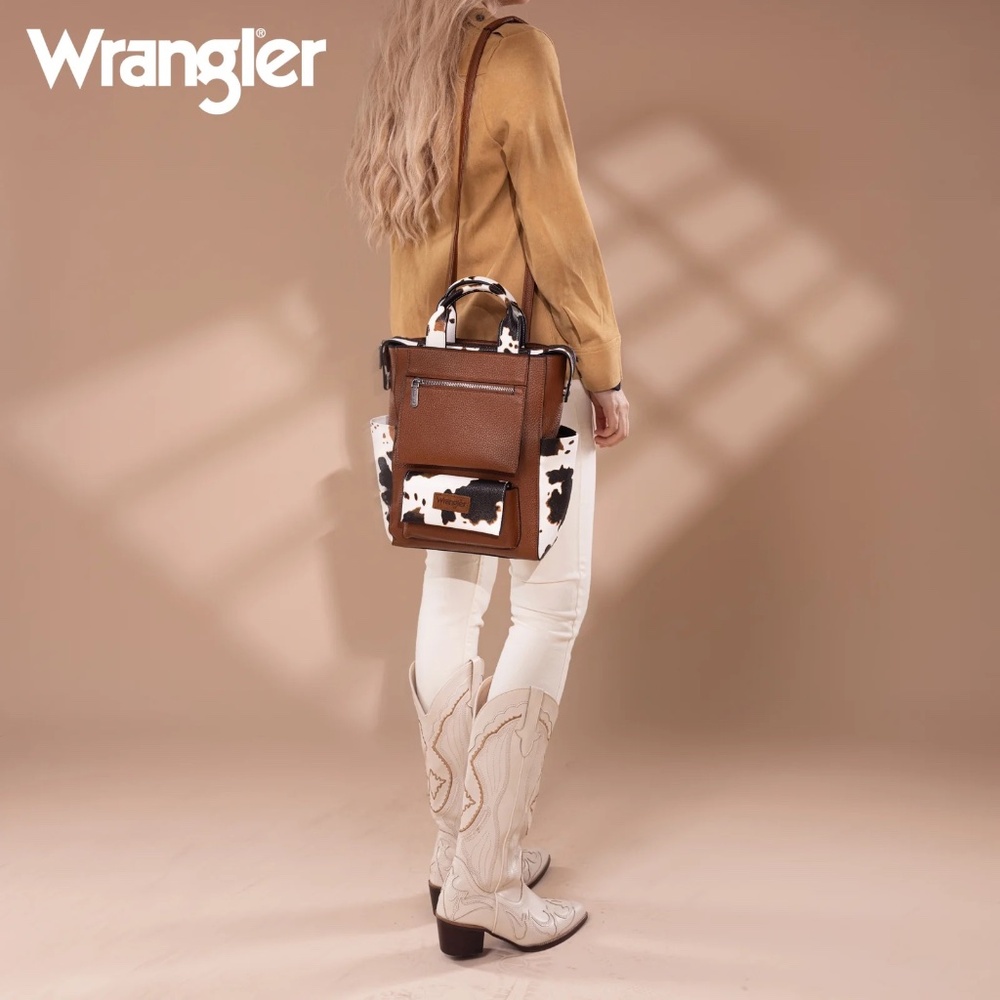 Wrangler Cow Print Tote/Shoulder Bag Convertible Backpack - Brown-Brown - Picture 3 of 5